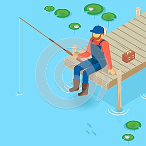 Isometric vector vacation on the lake. Pier on the lake, river, pond. sitt